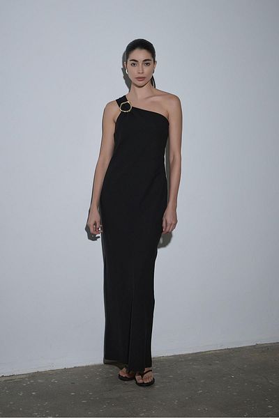 Suud Collection One Shoulder Μαύρο Λινό Φόρεμα - Abel