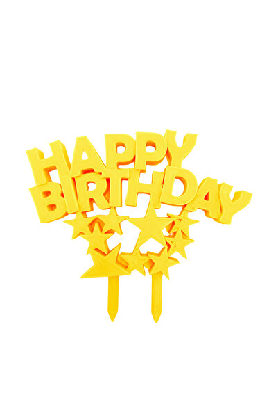 OEM Decoratiune topper tort "HAPPY BIRTHDAY", model cu stele, galben 10x11 cm