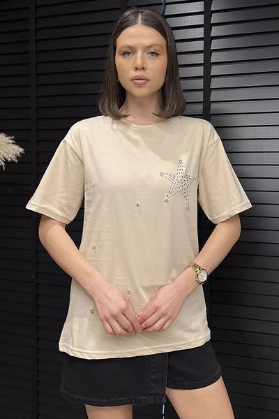 GÜLSELİ Tricou de damă Beige Star Stone cu decolteu