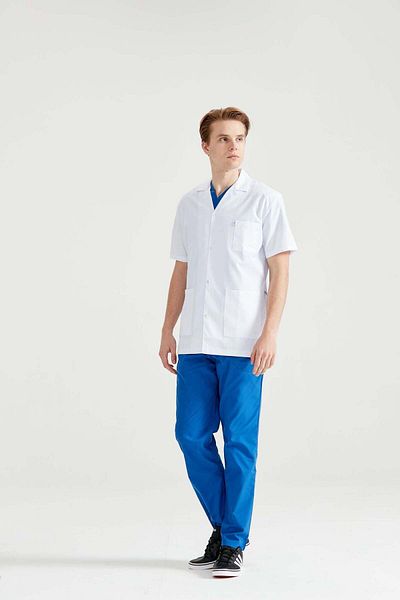 DEMOTEKS Men's White Short Medical Lab Coat Uniform - With Three Pockets, Short Sleeves, Lapel Collar