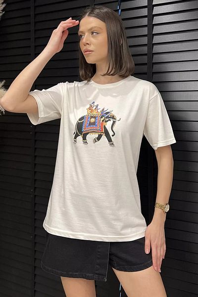 GÜLSELİ Tricou de damă cu piatră cu imprimeu crem
