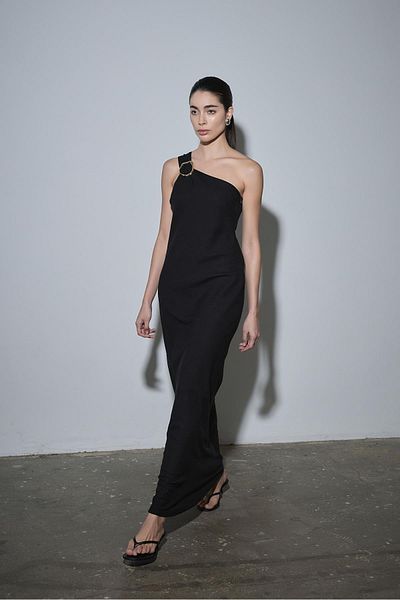 Suud Collection One Shoulder Μαύρο Λινό Φόρεμα - Abel