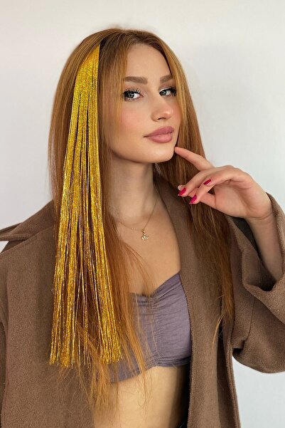TAKIŞTIR Gold Color Glitter Side Snap Hairpiece Hair Tinsel Shiny Hair (50 cm)