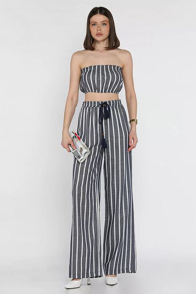 GÜLSELİ Navy Blue Women's Stripe Patterned Strapless Crop Top Blouse Palazzo Trousers Set of Two