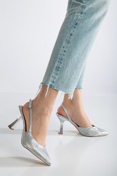 ftclothing Ft Silvery Patterned Pointed Toe Thin Gray Heeled Shoes
