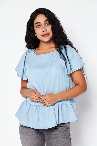 PROMOD Women Boat Neck Short Sleeve Plain Top, Light Blue