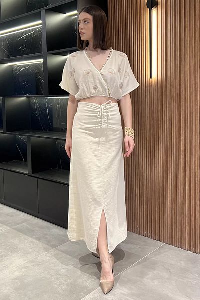 GÜLSELİ Beige Women's Embroidered Stone Linen Blouse Skirt Double Set