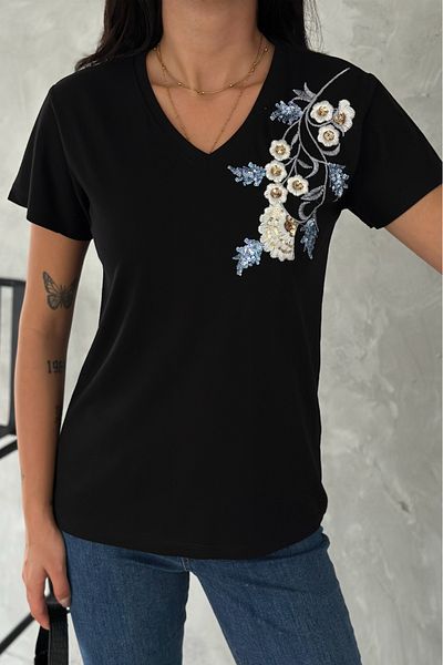 FEMELLE Women's Black V-Neck Large Size Shoulder Flower Pattern Sequin Sequin and Embroidery Embroidered 100% Cotton T-Shirt