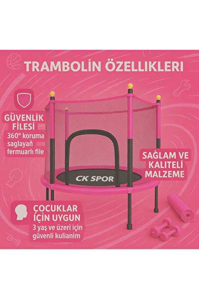 CKSpor Fileli Büyük Boy Trambolin 140 Cm Çap Korumalı Kolay Kurulum Cks448