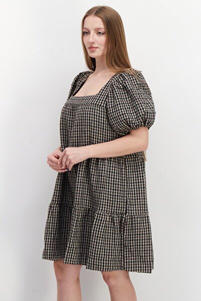 En Saison Women Hounds Tooth Pattern Midi Dress, Brown Combo