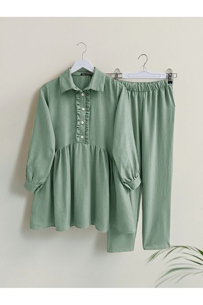 Modamorfo Ruffled Front Half Button Linen Suit - Water Green