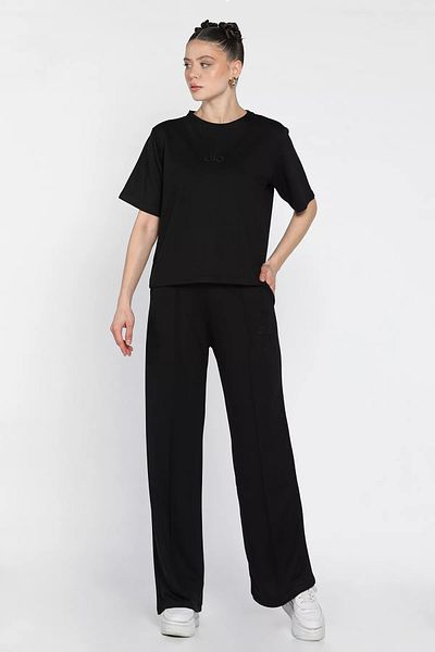 GÜLSELİ Black Women's Embroidered Grass T-Shirt Pants Double Set