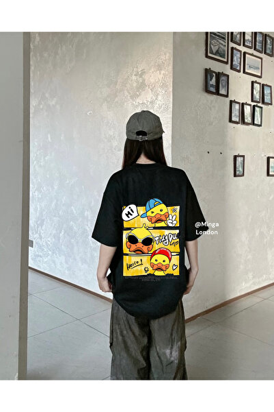 Minga London Tricou unisex supradimensionat cu imprimeu pe spate de rață galb...