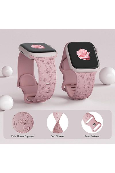 REDz Accessories Roses Strap, Engraved Silicone, For Apple Watch, Floral Details, Adjustable, Pink - 38/40/41 Mm