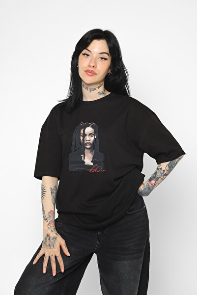 Tarzsokak Rihanna Imprimat Oversize Unisex Negru