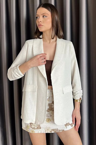 GÜLSELİ Stone Women's Sleeve Gather Detailed Linen Jacket