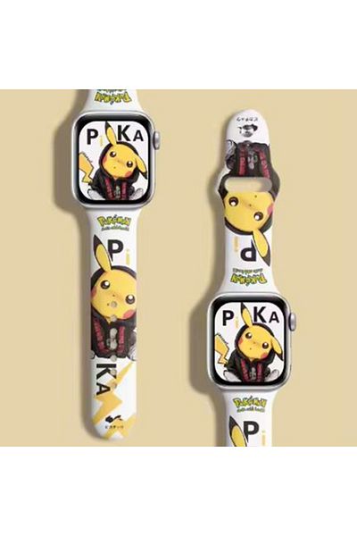 REDz Accessories Curea Pikachu, Apple Watch, Imprimeu cu desene animate Pokemon, Reglabilă, Silicon, Alb - 38/40/41 mm, Medie