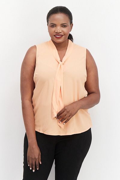 Kasper Women Plus Size Tie Neckline Sleeveless Plain Top, Orange