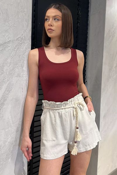 GÜLSELİ Stone Women's High Waist Straw Belt Detailed Elastic Waist Linen Shorts