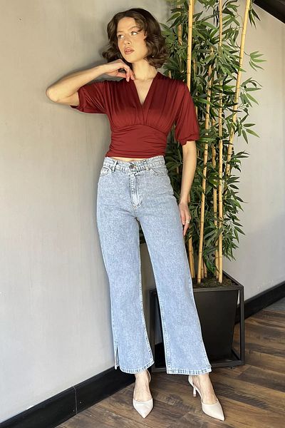 GÜLSELİ Pantaloni de jeans de damă, albastru gheață, cu talie înaltă, cu detaliu cu fante largi