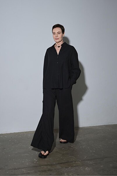 Suud Collection Siyah Serin Oversize Keten Gömlek