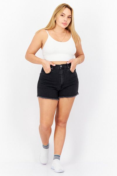 Pepe Jeans شورت جينز سادة بخصر عالٍ للنساء، أسود