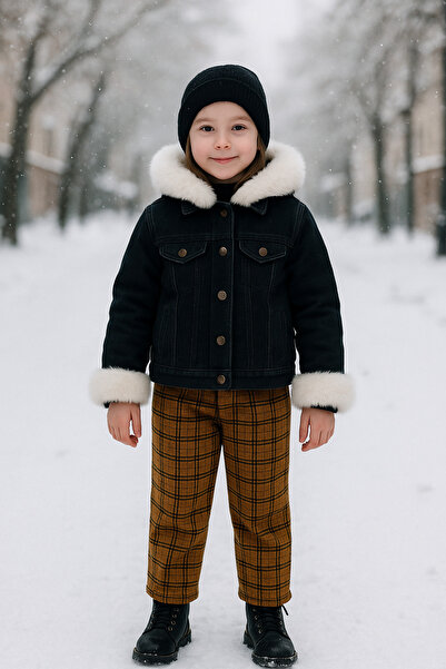 Hilal Akıncı Kids Jachetă de blugi neagră pentru fetiță, cu glugă și mâneci, cu blană colorată