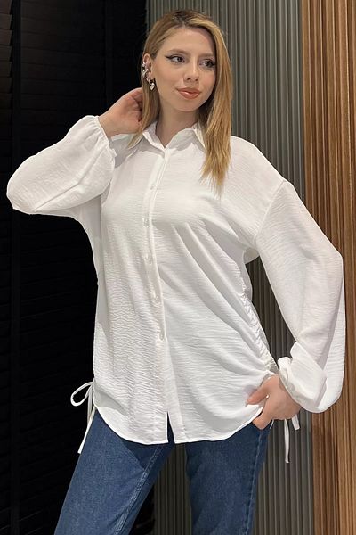 GÜLSELİ Cămașă de damă cu șireturi cu pliuri laterale crem