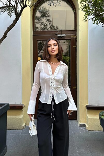 Eka Γυναικείο πουκάμισο από τούλι με λευκό κορδόνι 1026-0015