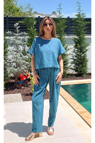 LaraLisa Collection Short Sleeve Crop Blouse Pencil Pants Linen Women's Suit