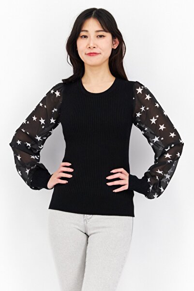 Philosophy بلوزة نسائية بطبعة نجوم بأكمام طويلة وياقة دائرية، لون أسود