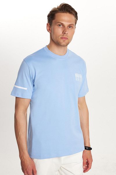 Tudors Men's Slim Fit Slim Fit Cotton Plain Basic Printed Crew Neck Blue T-Shirt