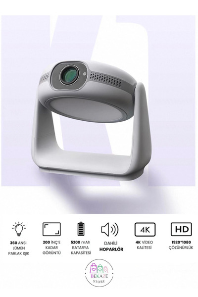 BEKAZE Taşınabilir 4K Sinema Projektörü | Şarjlı, Bluetooth, Android, Akıllı Hoparlörlü, Işıklı