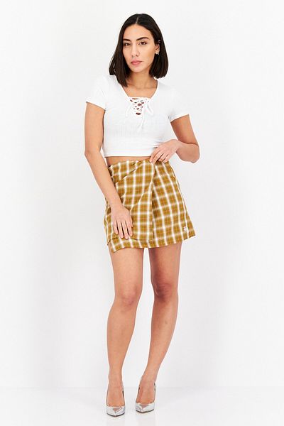 Stussy Women Embroidered Logo Checkered Mini Skirt, Brown Combo