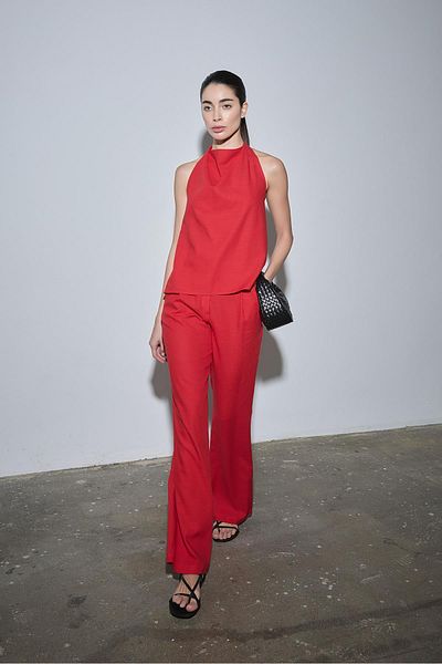Suud Collection Red Gabriel Single Pleated Linen Trousers
