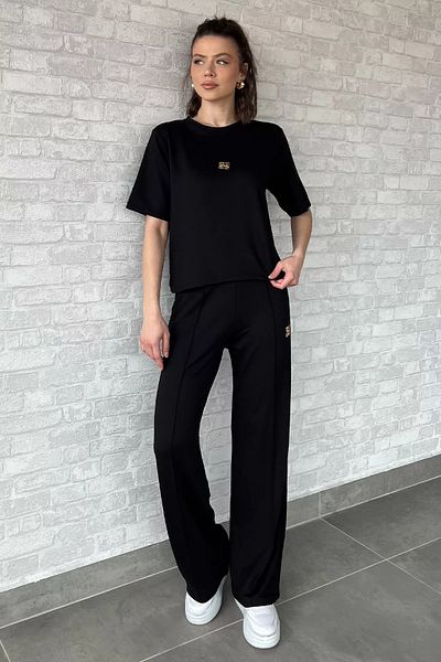 GÜLSELİ Black Women's Gold Buckle Detailed T-Shirt Pants Double Set