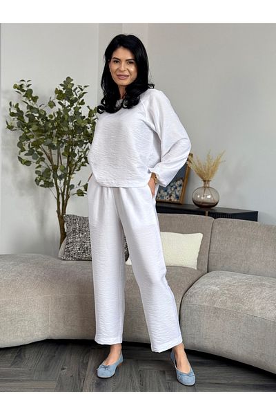 RAMONA BADESCU EXCLUSIVE Trening alb din viscoză – bluză lejeră și pantaloni drepți (mărimi XS–XL)