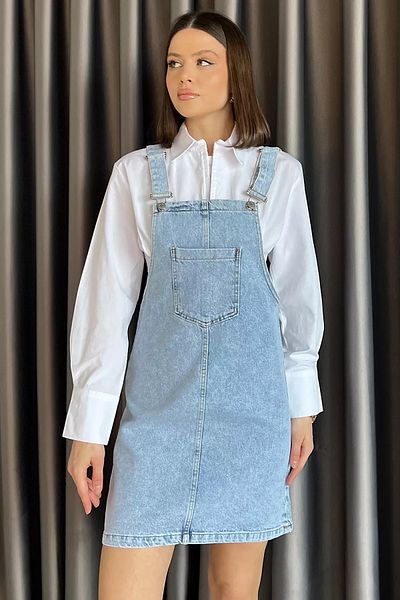 GÜLSELİ Rochie Salopet de damă Ice Blue cu buzunar frontal detaliat din denim