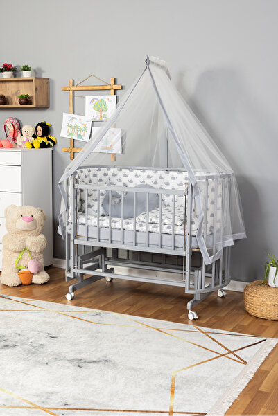 Carino Wins Ahşap Beşik Anne Yanı Yeni Doğan Papatya GRİ Bebek Beşiği GRİ BAL...