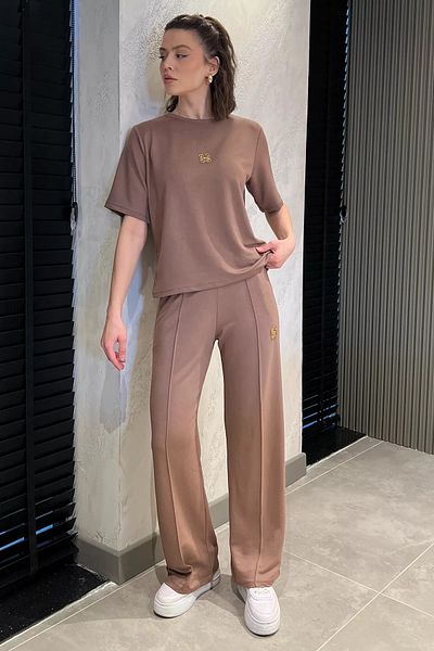 GÜLSELİ Brown Women's Gold Buckle Detailed T-Shirt Pants Double Set