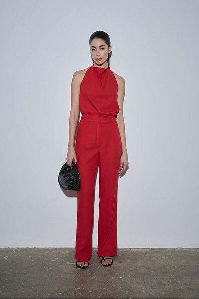 Suud Collection Red Gabriel Single Pleated Linen Trousers