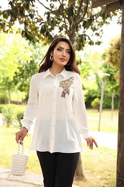 ZAHRA ELVİN TAŞ DETAYLI LEOPAR KURDELE GÖMLEK