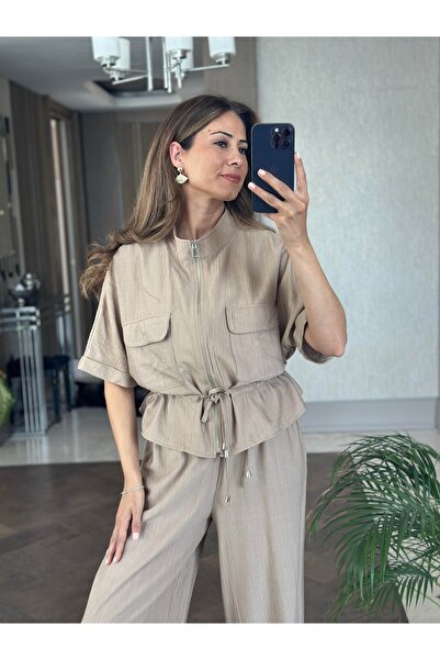 BELLA FASHION Lace-Up Short Sleeve Mink Jacket Trousers Set