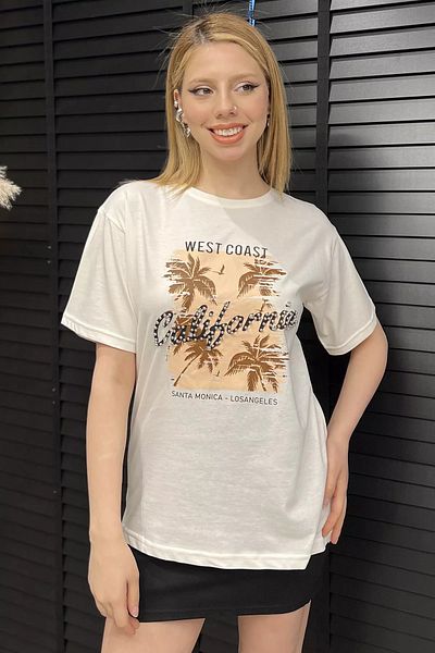 GÜLSELİ Γυναικείο T-Shirt Cream California Printed Stone Crew Neck