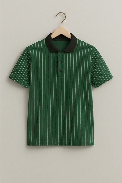 FATELLA Мъжка зелена поло блуза с вертикални ивици, яка с копчета, удобна три...