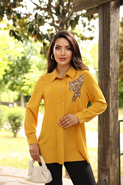 ZAHRA ELVİN TAŞ DETAYLI LEOPAR KURDELE GÖMLEK