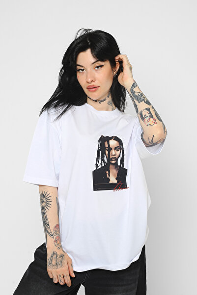 Tarzsokak Rihanna Printed Oversize Unisex Alb