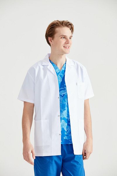 DEMOTEKS Men's White Short Medical Lab Coat Uniform - With Three Pockets, Short Sleeves, Lapel Collar