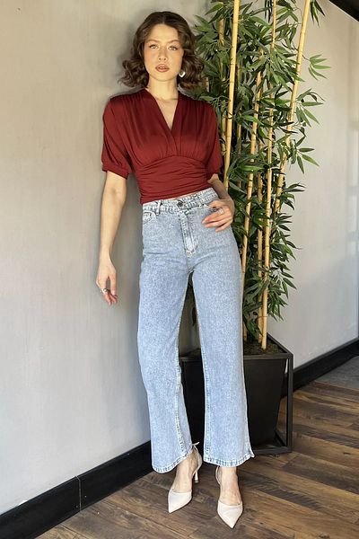 GÜLSELİ Pantaloni de jeans de damă, albastru gheață, cu talie înaltă, cu detaliu cu fante largi