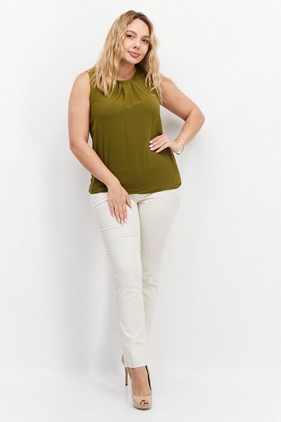 ZERO Women Round Neck Sleeveless Plain Blouse, Dark Olive